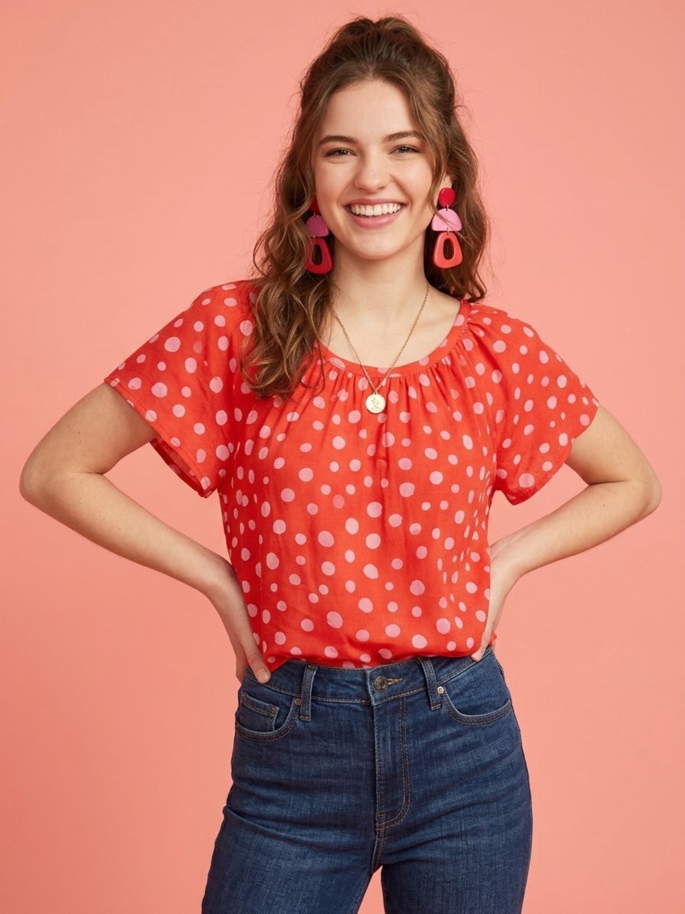 LOFT Red & Pink Polka Dot Short Sleeve Linen Blend Top Women’s Medium Petite